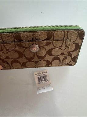 Coach Signature Canvas Zip Wallet with Green Trim